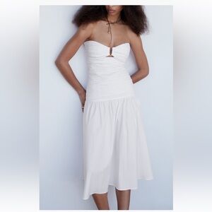 MANGO Strapless Cotton Blend Midi Dress White NWOT Sz 2